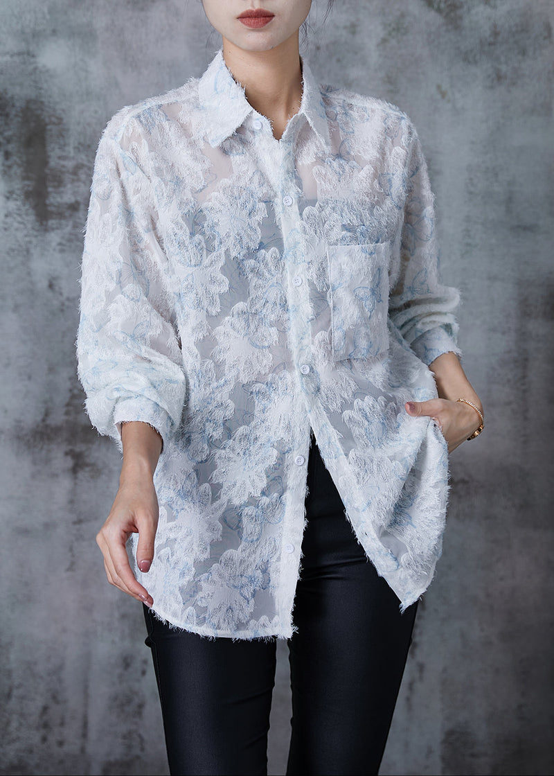 Blue Loose Chiffon Upf 50+ Top Spring
