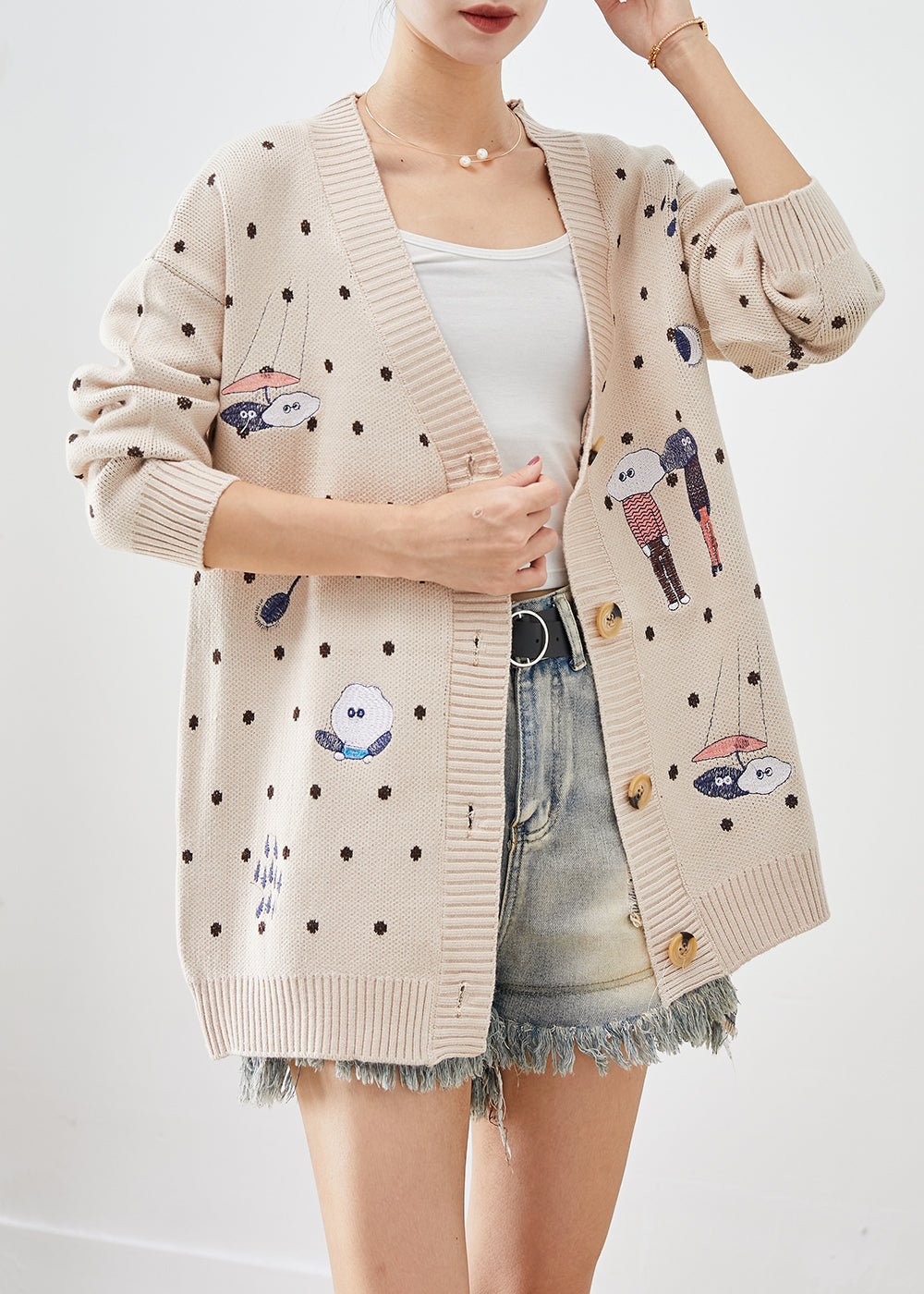 Beige Embroidered Knit Loose Coat Winter