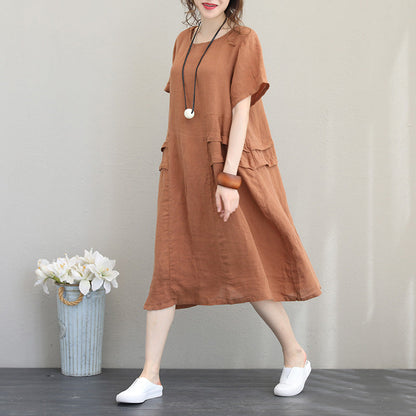 Orange Khaki Linen Shift Dresses Oversized Linen Cotton Dress O Neck Patchwork Cotton Dresses