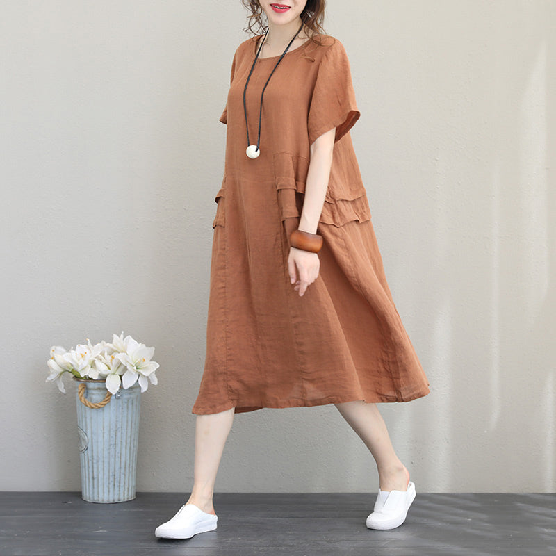 Orange Khaki Linen Shift Dresses Oversized Linen Cotton Dress O Neck Patchwork Cotton Dresses