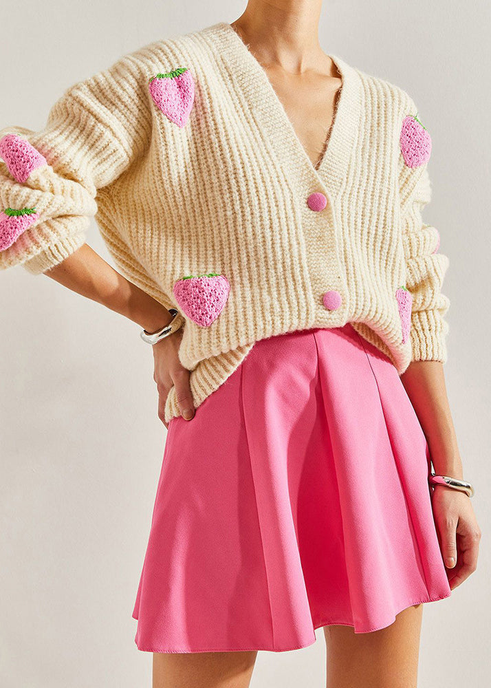 Beige V Neck Hook Flower Knit Cardigan Fall
