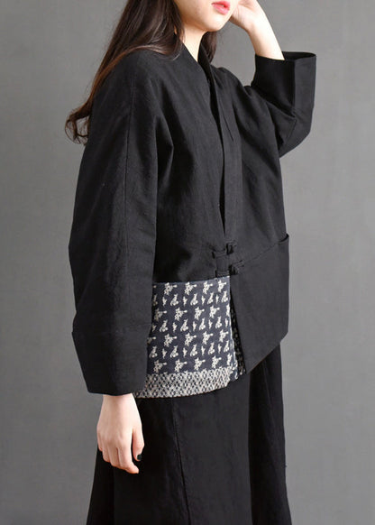 Black V Neck Pockets Patchwork Fine Cotton Filled Coat Batwing Sleeve