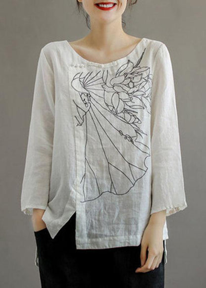 Pink O-neck Button Embroidered Fall Linen Long Sleeve Top