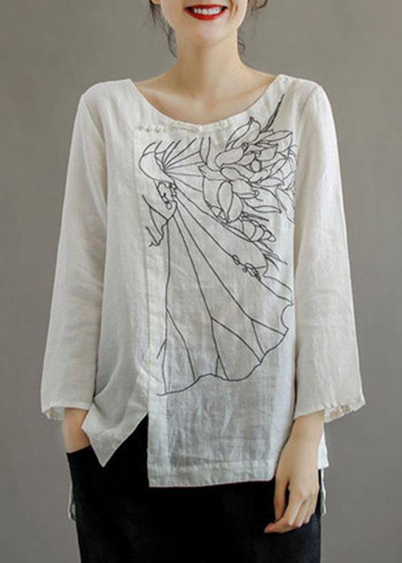 Pink O-neck Button Embroidered Fall Linen Long Sleeve Top
