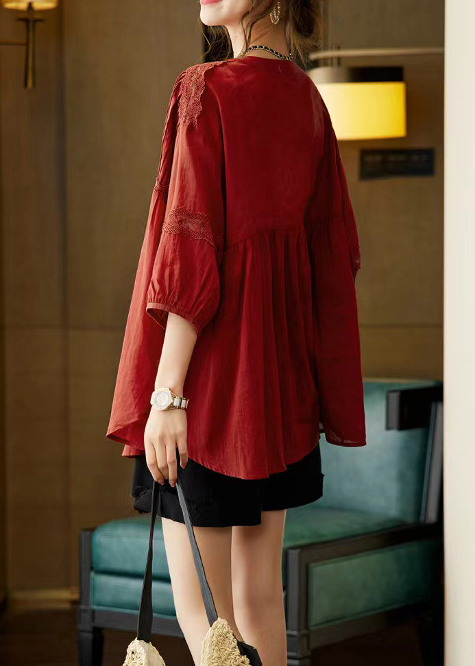 Mulberry O-neck Patchwork Wrinkled Shirts Bracelet Sleeve