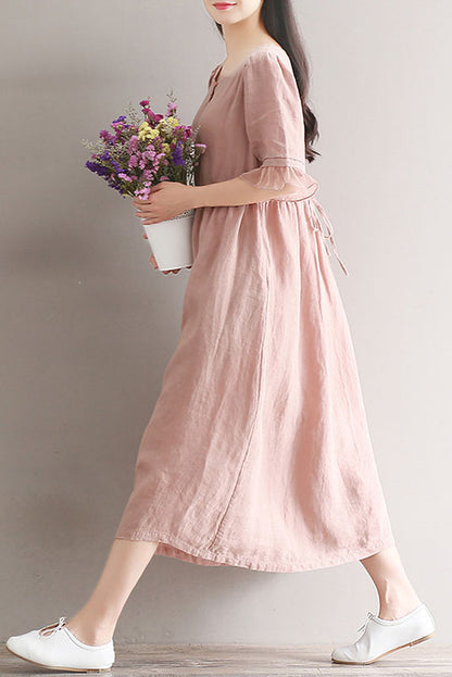 -summer Cotton Linen Dress Short Sleeve Pink Dress
