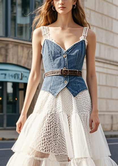 Denim Blue Cinched Patchwork Tulle Vacation Dresses Summer