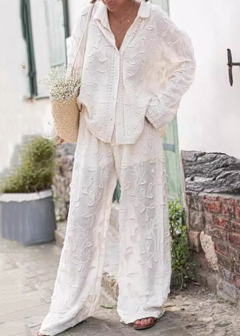 Jacquard White Button Cotton Shirts and Pants Sets 2 Pieces Long Sleeve