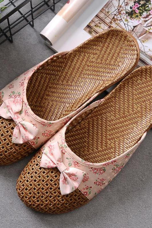 Bowknot Splicing Linen Slippers