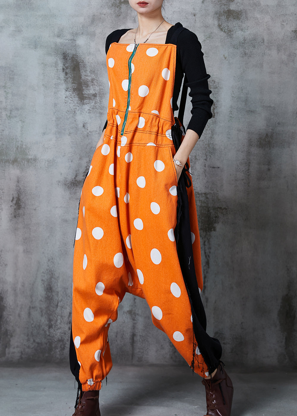 Orange Zip Up Patchwork Cotton Jumpsuits Summer