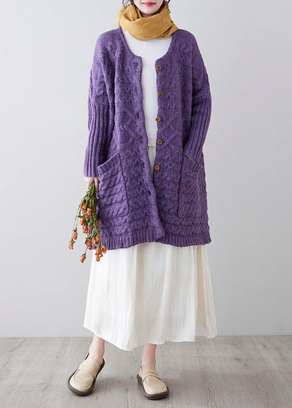 Purple O-neck Button Knit Loose Knit Cardigans Spring