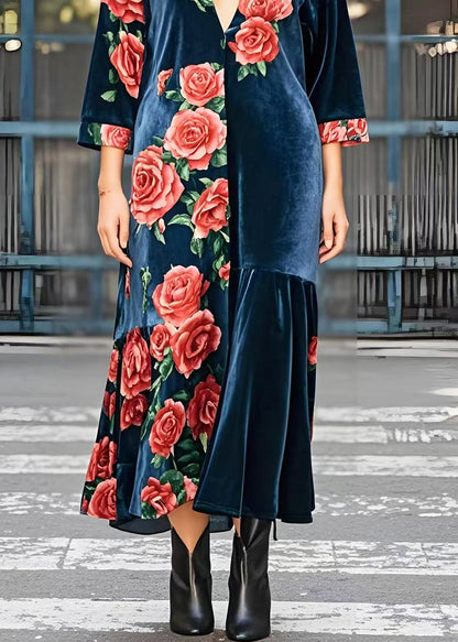 Diy Navy Deep-v Neck Silk Velvet Maxi Dress Bracelet Sleeve