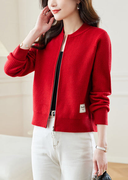 New Red Stand Collar Zip Up Knit Coat Fall