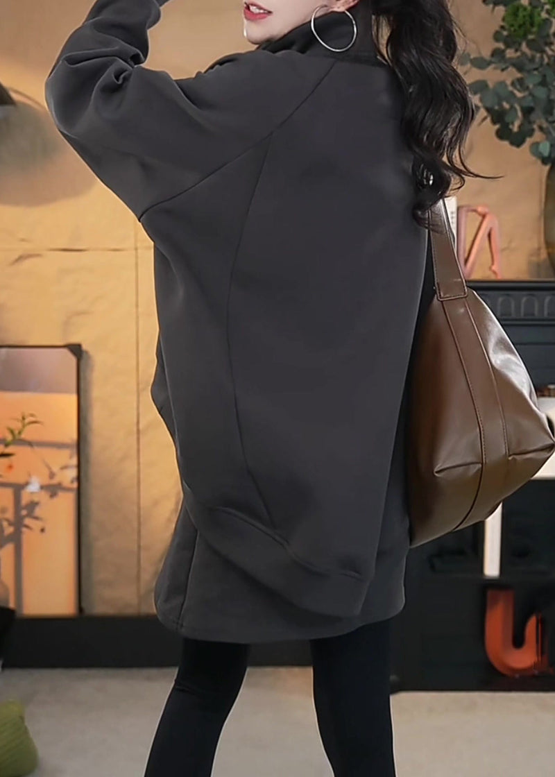 Loose Dark Gray Zippered Sweatshirt and Skirts Cotton Two Pieces Set Fall