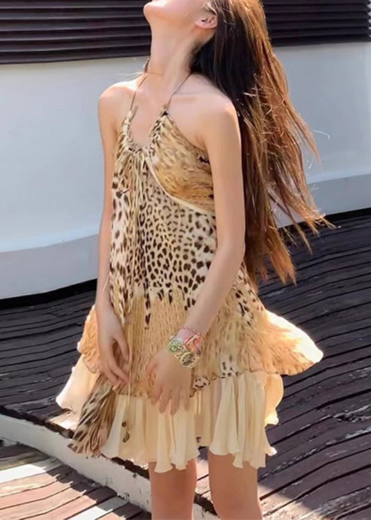 American Leopard Print Backless Suspender Dress Summer