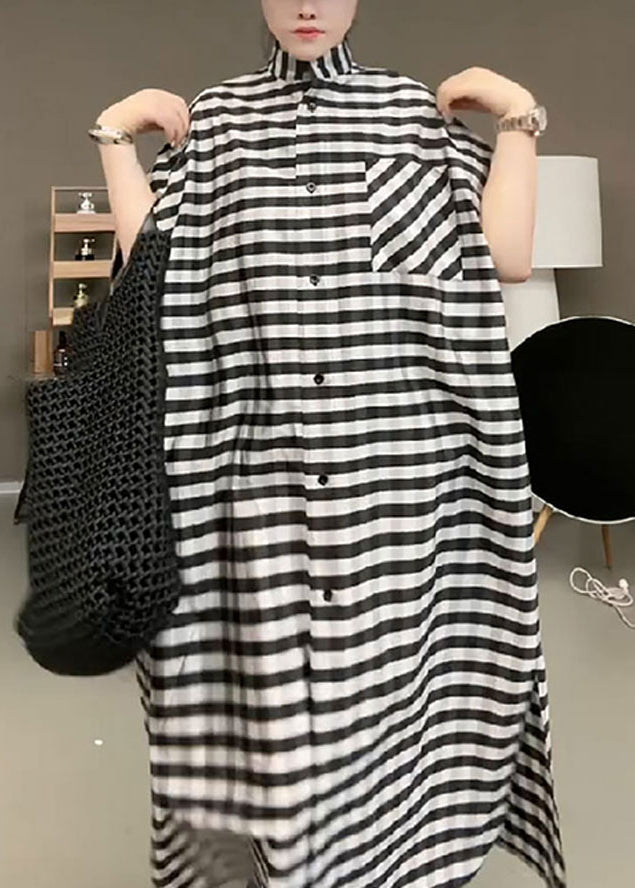 Black Striped Stand Collar Button Maxi Dress Short Sleeve