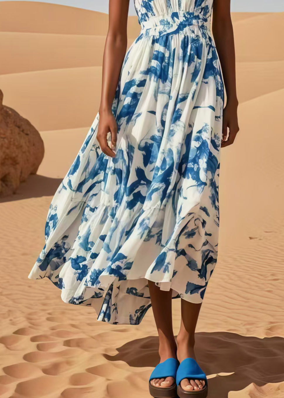Blue Print Exra Large Hem Cotton Beach Dress Sleeveless