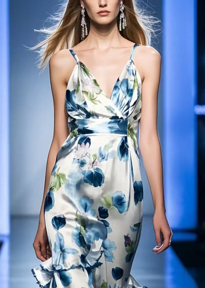 Blue Print Silk Mini Dresses Asymmetrical Summer