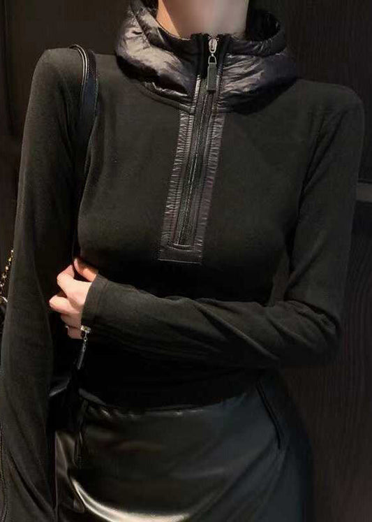 Slim Fit Black Hooded Zippered Cotton T Shirts Top Winter