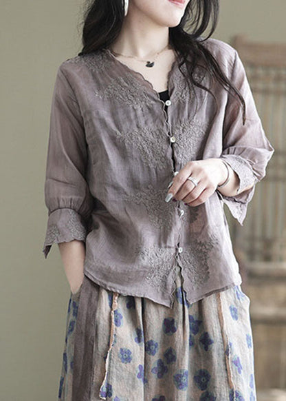 Purple V Neck Button Linen Shirt Half Sleeve