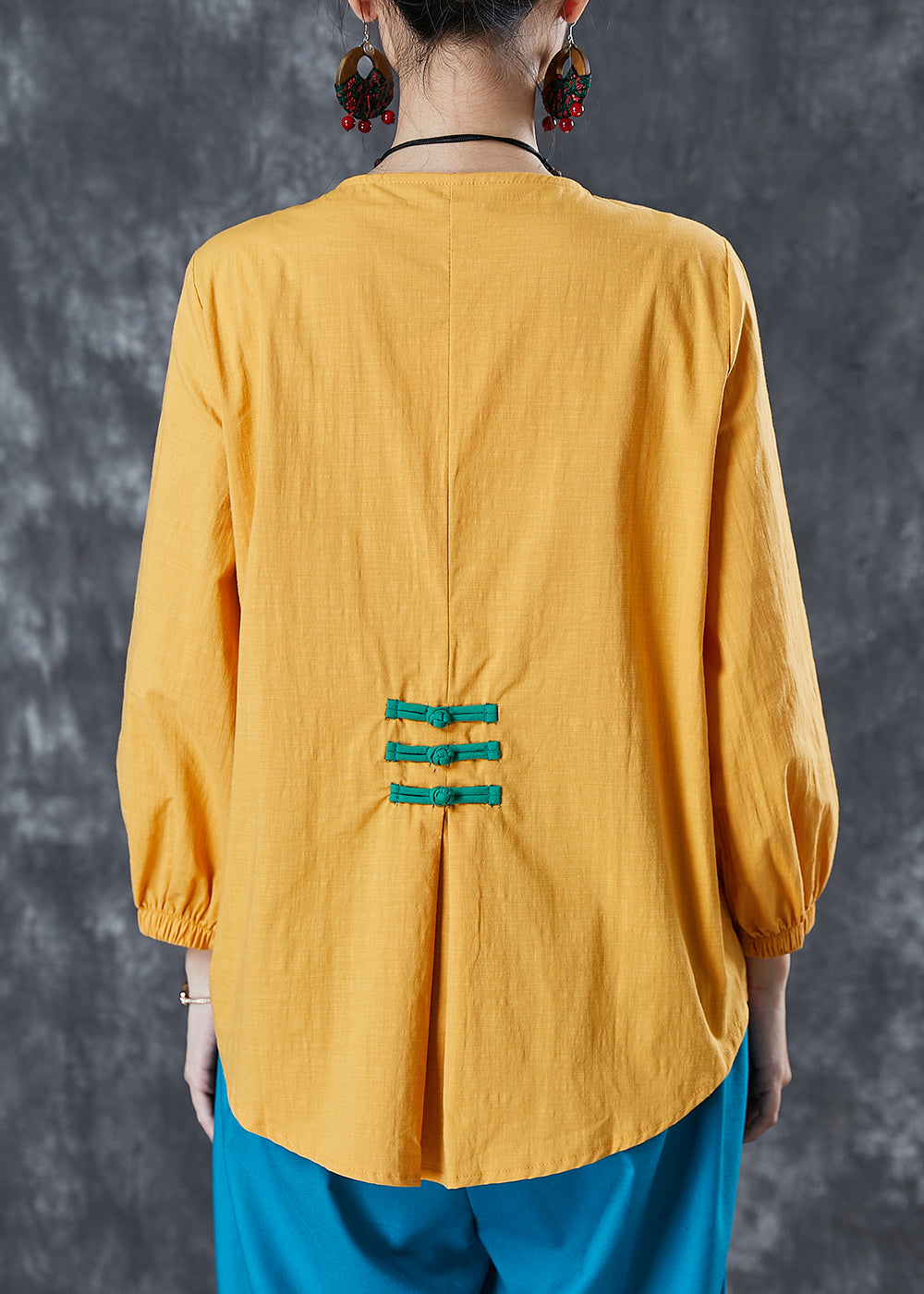 Yellow Chinese Button Patchwork Linen Shirt Top Summer