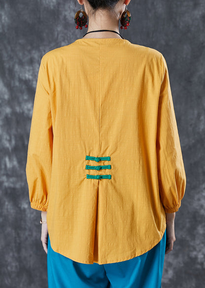 Yellow Chinese Button Patchwork Linen Shirt Top Summer