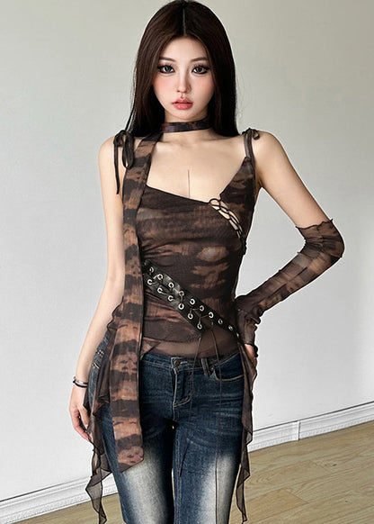 American Design Brown Asymmetrical Design Tulle Camisole Top
