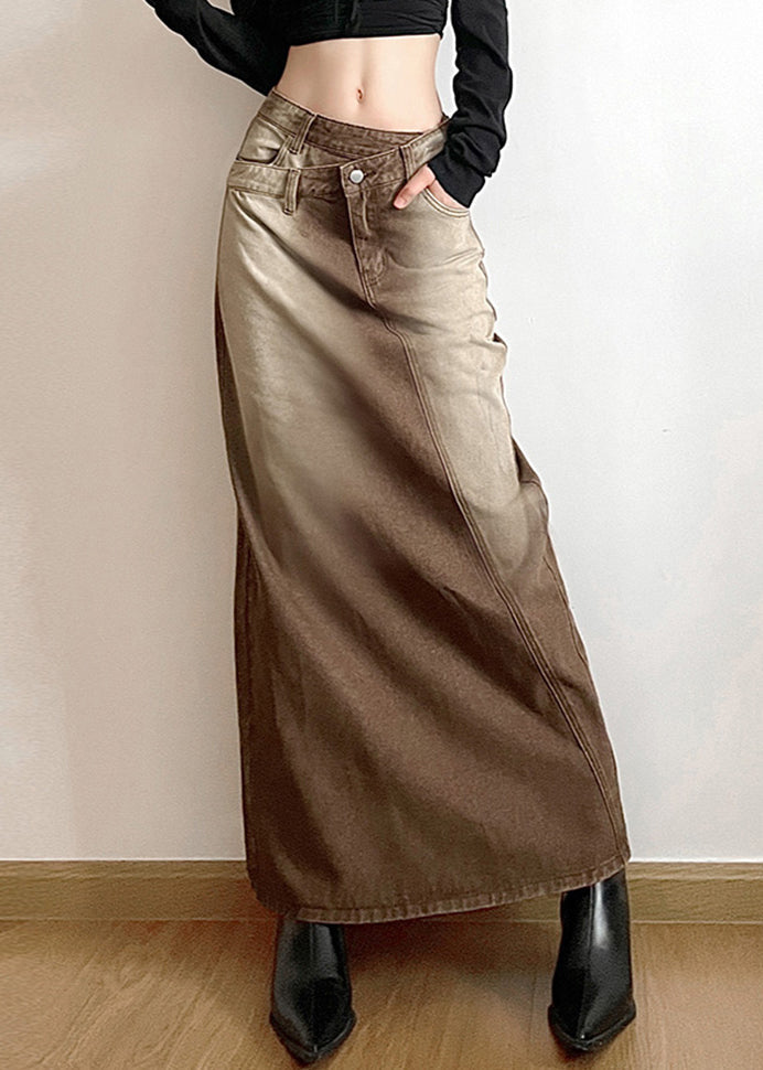 Light Brown Asymmetrical Side Open Denim Skirt Fall