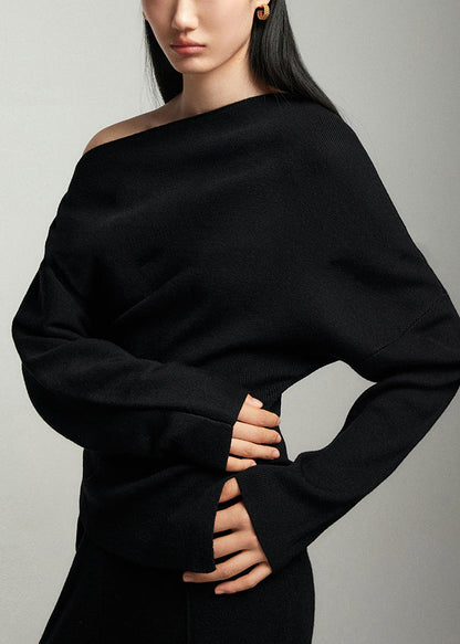 Black Slash Neck Woolen Sweaters Batwing Sleeve