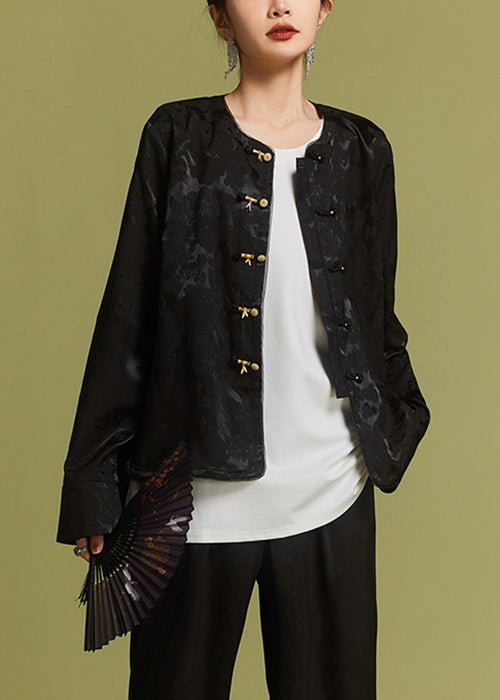 New Black O-neck Button Side Open Silk Coat Fall
