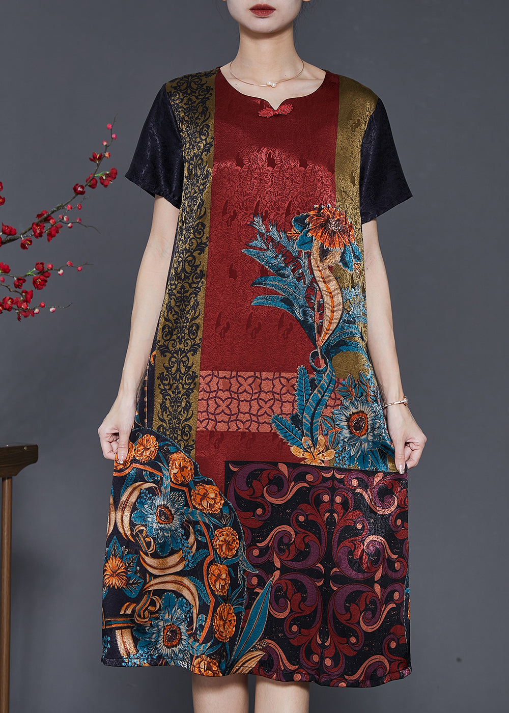 Chocolate Print Chinese Button Silk Dresses Summer