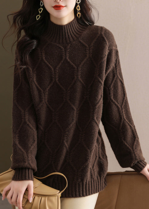 Beige Half Hign Neck Thick Knit Sweater Tops Fall