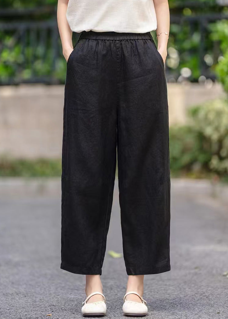 Purple Pockets Elastic Waist Linen Crop Pants Summer