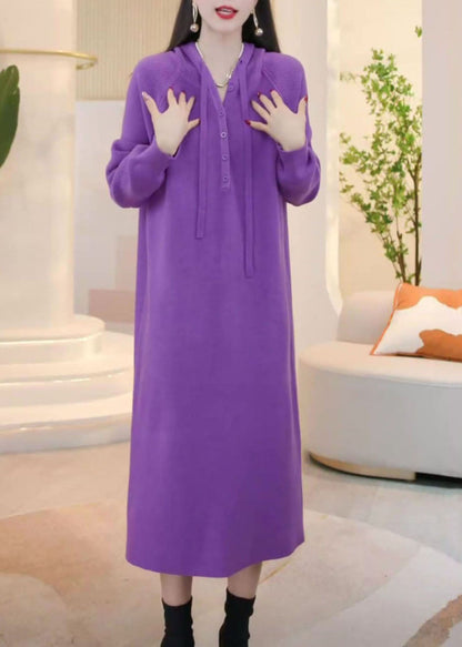Simple Purple Hooded Button Knit Sweater Dress Winter