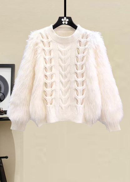 Style Apricot O Neck Sweaters and Skirts Knit Two Pieces Set Fall