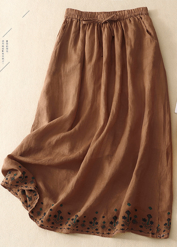 Green Embroidered Linen a Line Skirt Summer