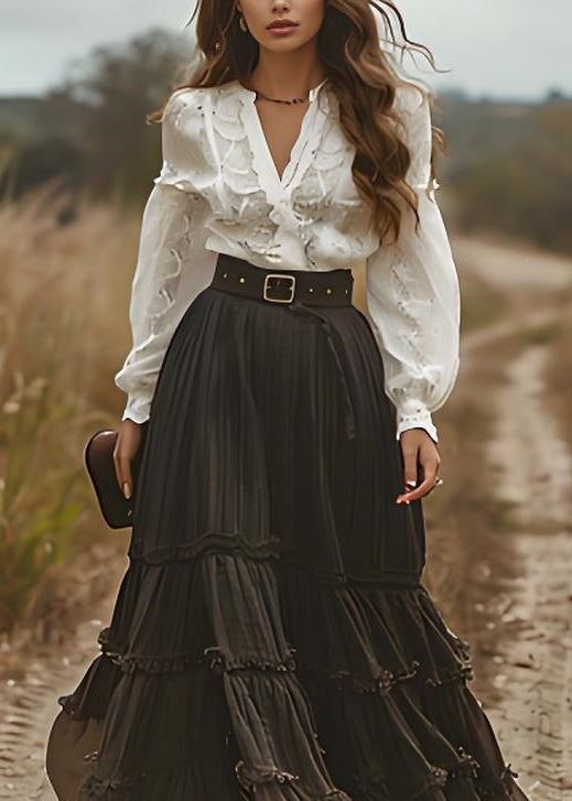 Italian Colorblock V Neck Ruffled Patchwork Cotton Long Dress Spring