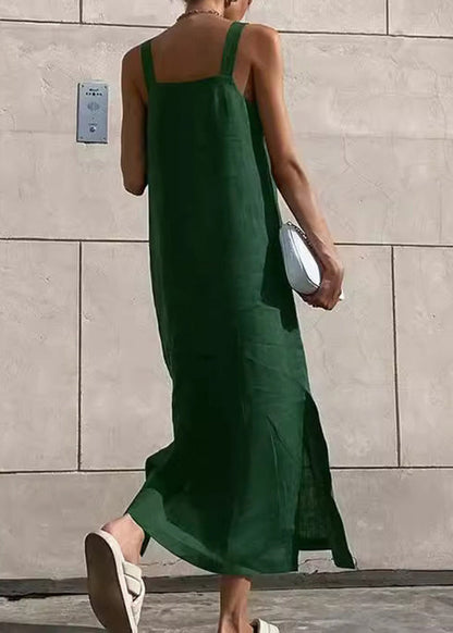 Simple Green Side Open Cotton Spaghetti Strap Dress Summer