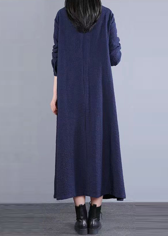 Navy Stand Collar Patchwork Cotton Long Dress Fall