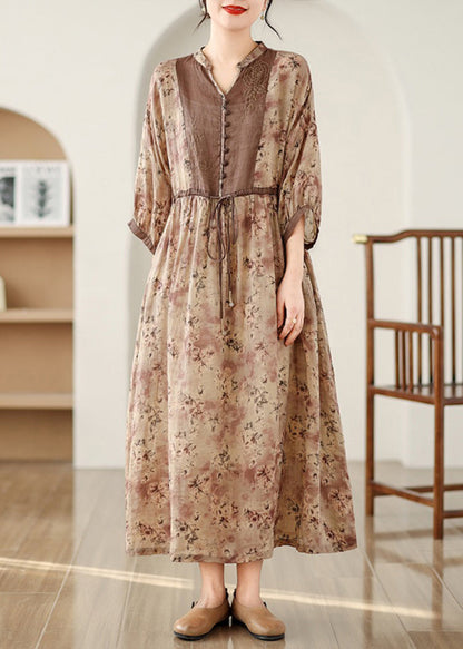 Khaki Print Tie Waist Pockets Cotton Long Dresses Fall