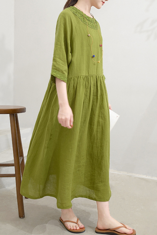 Summer Sand Washed Linen Lace Panel Dress
