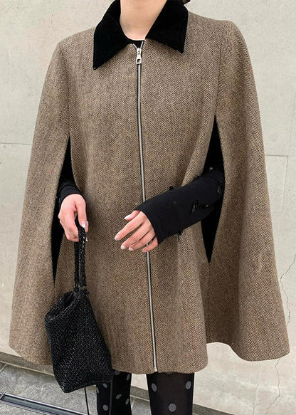 Brown Peter Pan Collar Zippered Woolen Coats Winter