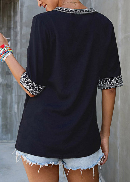 Boutique Black V Neck Patchwork Top Short Sleeve