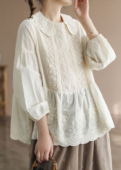 Apricot Peter Pan Collar Embroidered Cotton Shirt Tops Spring