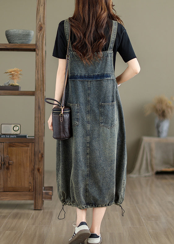 Grey Pockets Patchwork Drawstring Denim Maxi Dresses Summer