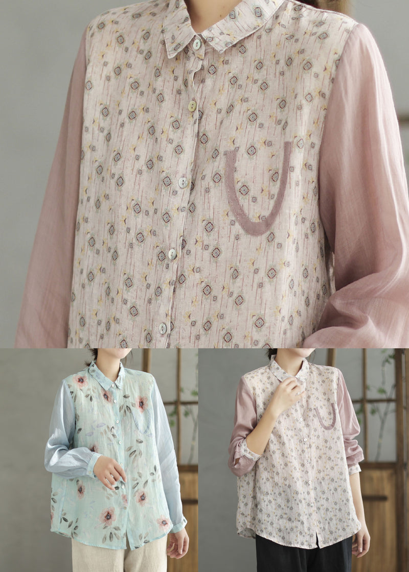 Blue Peter Pan Collar Print Linen Shirt Spring