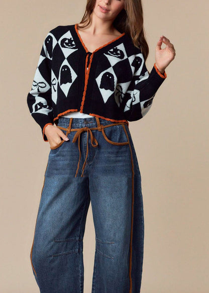 Black V Neck Jacquard Knit Short Sweaters Fall