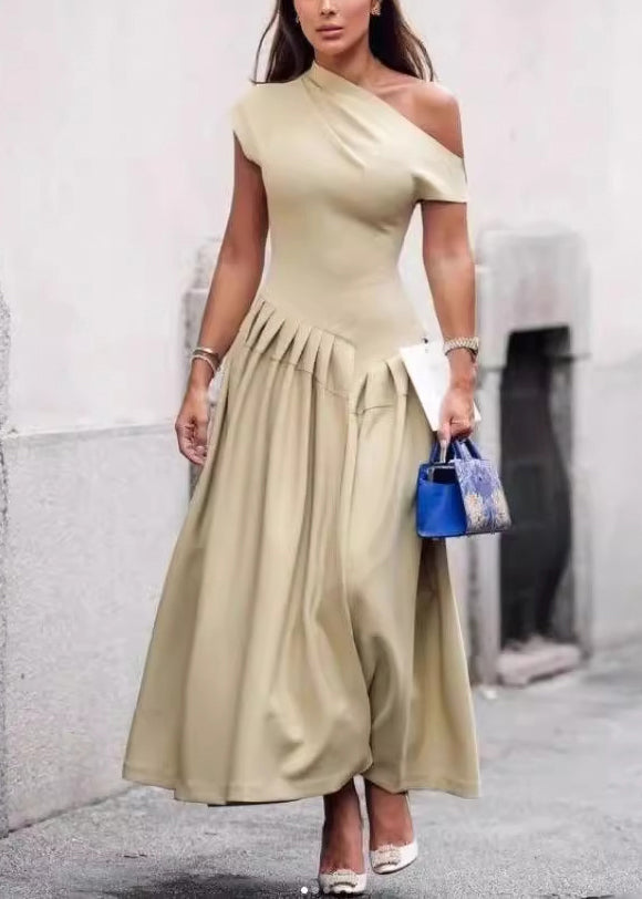 Green Asymmetrical Wrinkled Cotton Long Dress Summer