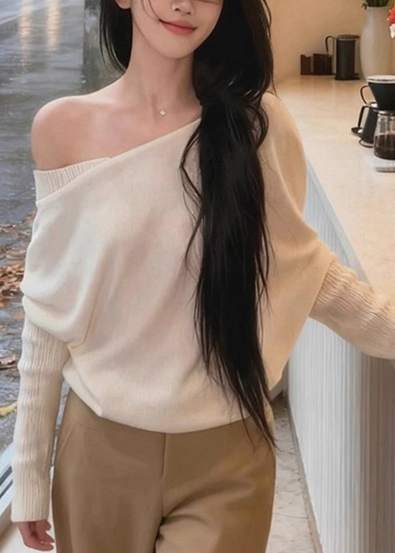 New White Asymmetrical Shoulder Knit Sweaters Batwing Sleeve