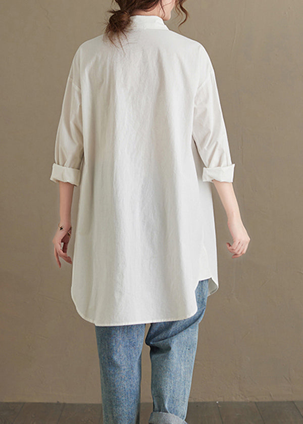 White Peter Pan Collar Pockets Cotton Shirt Top Fall
